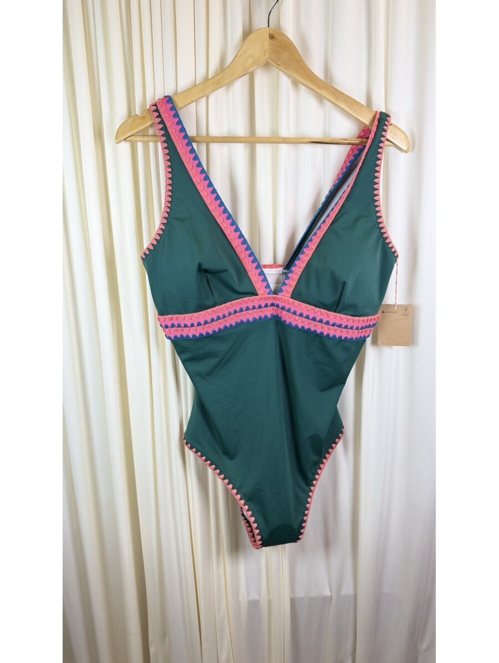 Boden Swimsuit Womens Ric Rac Trim Porto V-Neck 1 Piece Lined Padded 14 NWT